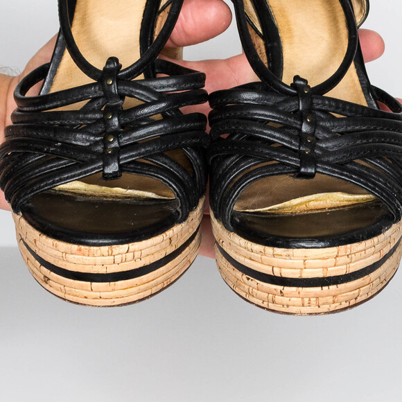 Frye Women's High Heels Strappy Cork READ Black Tan Size 8.5 M | AR - Picture 7 of 8